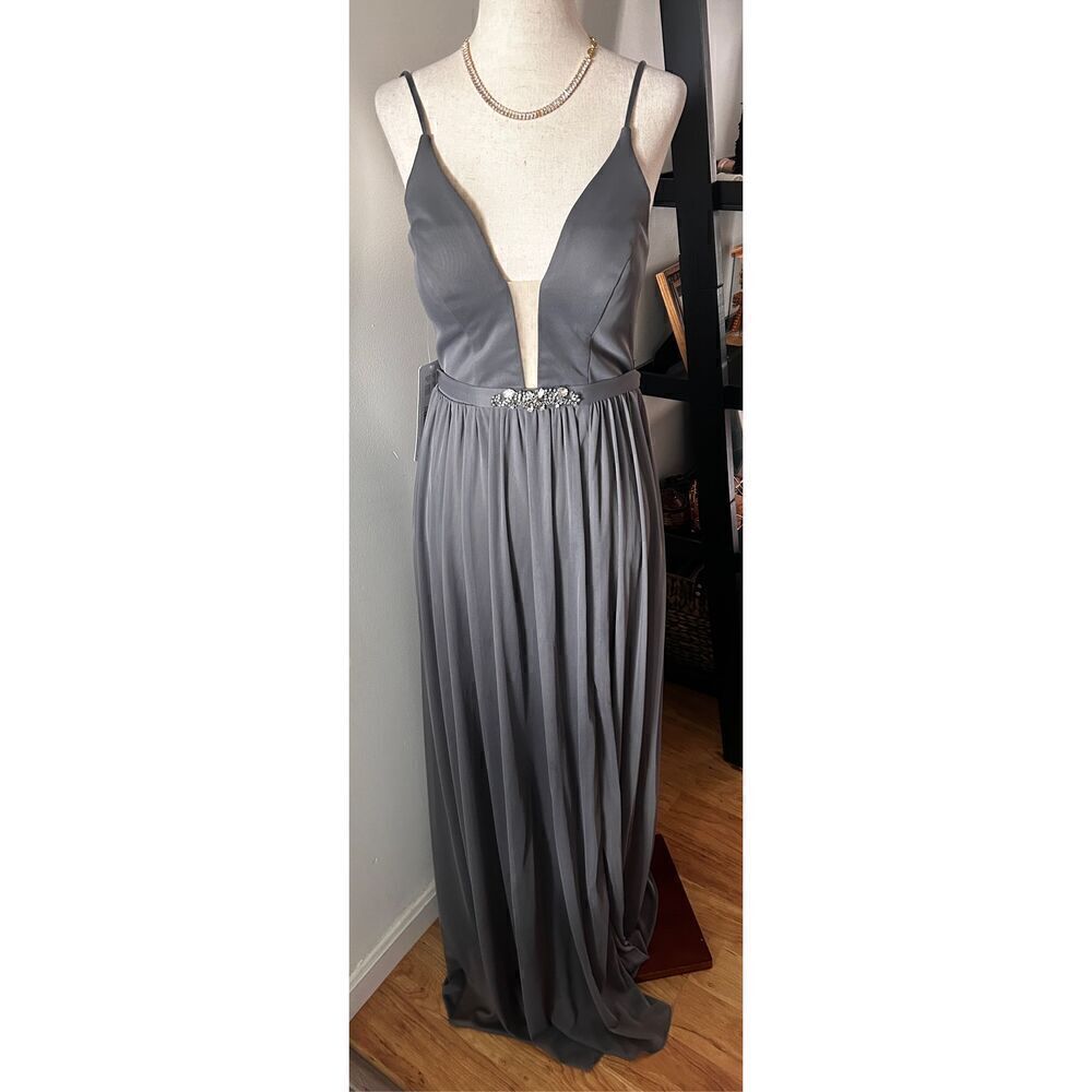 Azazie Leah style steel gray bridesmaid made of honor dress maxi with pockets se